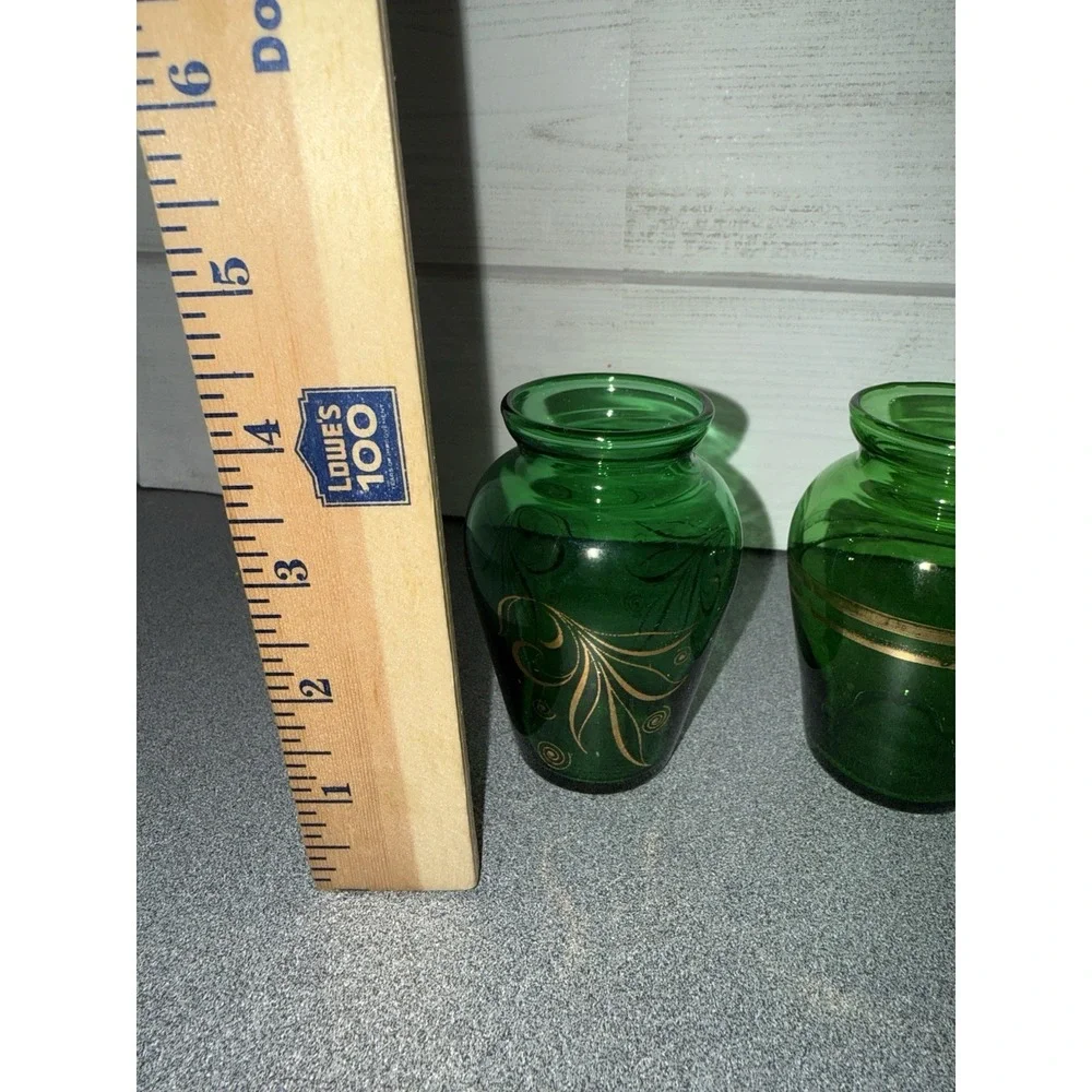 VTG 50s Forest Green Anchor Hocking Little Bud‎ Vase Pair Gold  3.75